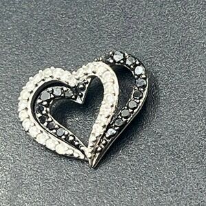 NDI Signed 14K White Gold Double Heart Black and White Diamond Pendant Gift